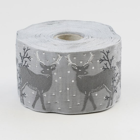 KAFKA K-07/01 Jacquard Ribbon Woven Organic Cotton Trim 2" wide (50mm) Gray/Silver Reindeer & Snowflakes w/Metallic Silver Accents