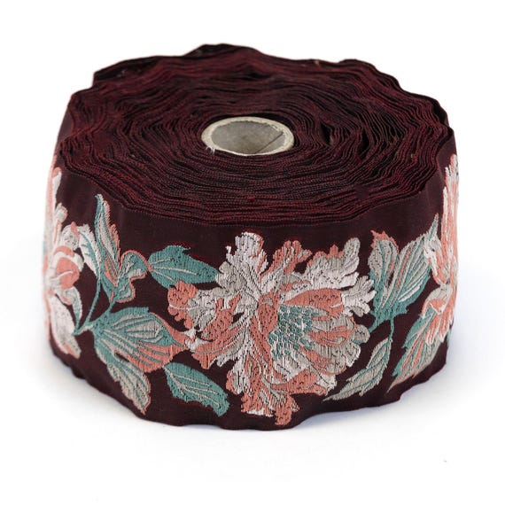 KAFKA L-08/01 Jacquard Ribbon Woven Organic Cotton Trim 2-3/8" wide (60mm) NEW! Deep Burgundy w/Large Peonies in Apricot, Tan & Lt Pink