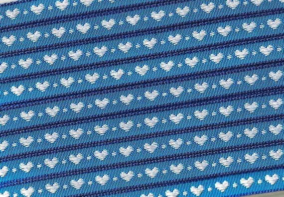 HEARTS A-06-A Jacquard Ribbon Poly Trim 7/16" wide (10mm) Made in France, Blue Background, Navy Borders w/White Hearts