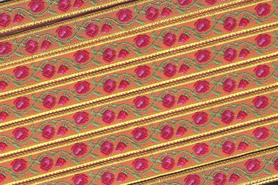FLORAL B-43-D Jacquard Ribbon Poly Trim 1/2" wide (13mm) Orange Background, Gold Borders, w/Variegated Hot Pink Flowers, Green Vines/Leaves