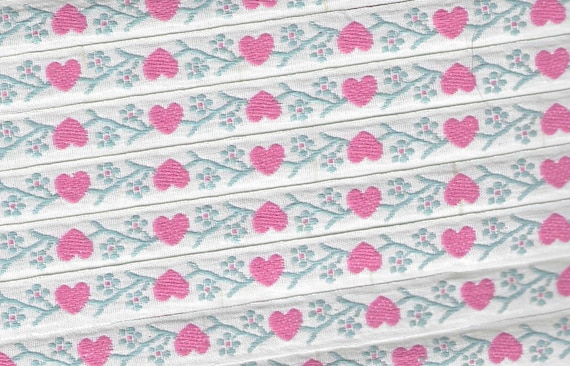 HEARTS/FLOWERS B-30-C Jacquard Ribbon Woven Cotton Trim 1/2" wide (13mm) White Background w/Pink Hearts, Petite Lt Blue Flowers & Leaves