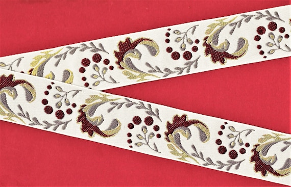 METALLIC H-01-A Jacquard Ribbon Poly Trim 1-1/2" wide (38mm) White Background w/Burgundy & Gray Swirl Leaf Design, Metallic Gold Accents