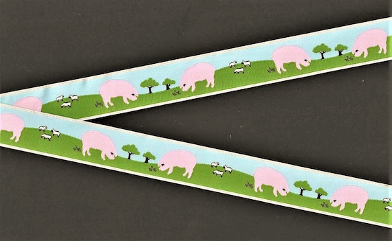 ANIMALS/Farm E-15-A Jacquard Ribbon Polyester Trim 7/8" Wide (22mm) Sweet Pig Grazing on Grass w/White Sheep