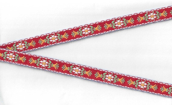 FLORAL C-03-B Jacquard Ribbon Cotton Trim 5/8" wide (16mm) Red w/White & Yellow Flowers