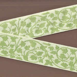 FLORAL L-11-A Jacquard Ribbon Polyester Trim 2-3/16&quot; wide (54mm) Vintage from 1999, Ivory Background w/Pale Olive Green Vines & Leaves