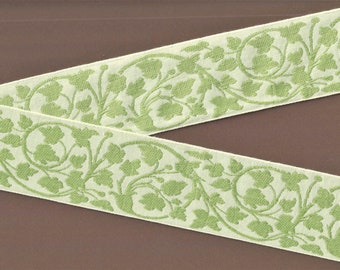 FLORAL L-11-A Jacquard Ribbon Polyester Trim 2-1/8" wide (54mm) Ivory Background w/Pale Olive Green Vines & Leaves, Per Yard