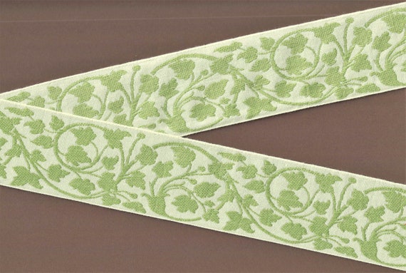 FLORAL L-11-A Jacquard Ribbon Poly/Cotton Trim, 2-1/8" Wide (54mm) Ivory Background, Pale Olive Green Vines & Leaves, REMNANTS