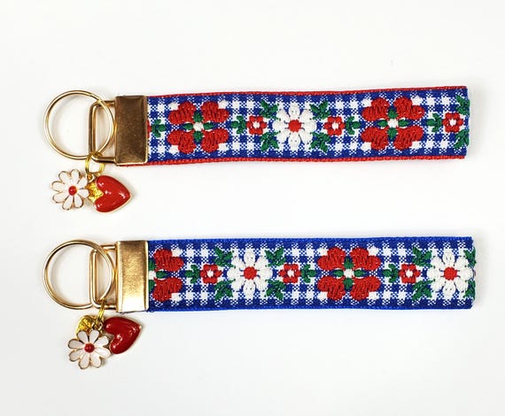 FLORAL (White Flowers & Red Hearts) Jacquard Ribbon/Nylon Web 1" wide (25mm) 5.5" long Key Fob w/Charms