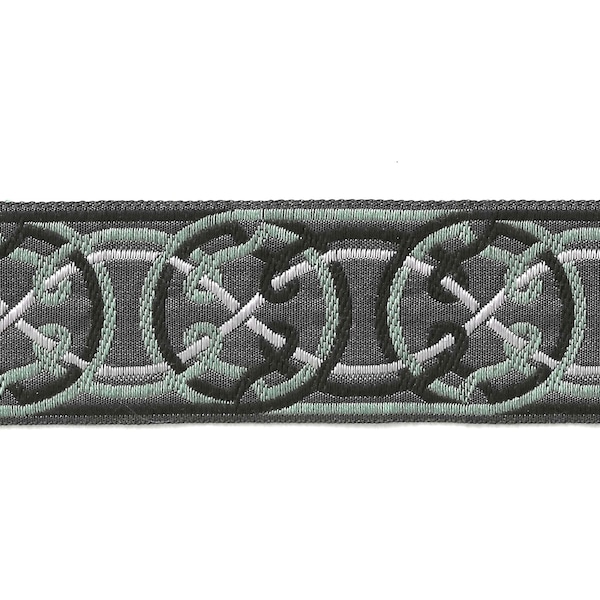 KAFKA G-11/10 Jacquard Ribbon Woven Organic Cotton Trim 1-1/4" wide (32mm) Dark Gray w/Black, Green & White Celtic Circles