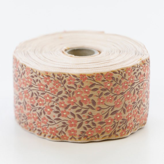 KAFKA K-02/80 Jacquard Ribbon Woven Organic Cotton Trim 2" wide (50mm) Pale Peach w/Dk Peach & Gold Forget-Me-Nots, Brown Leaves