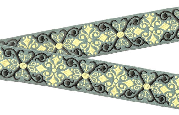 GEOMETRIC H-09-E Jacquard Ribbon Poly Trim 1-1/2" wide (38mm) Dark Aqua w/Brown & Pale Yellow