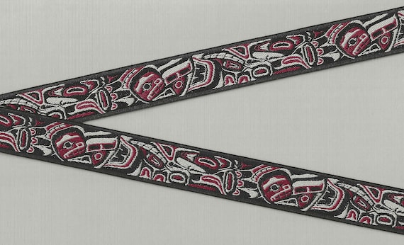 NATIVE AMERICAN E-10-B Jacquard Ribbon Poly Trim 7/8" Wide (22mm) Black Background Tlingit Design in Burgundy/Gray Tones