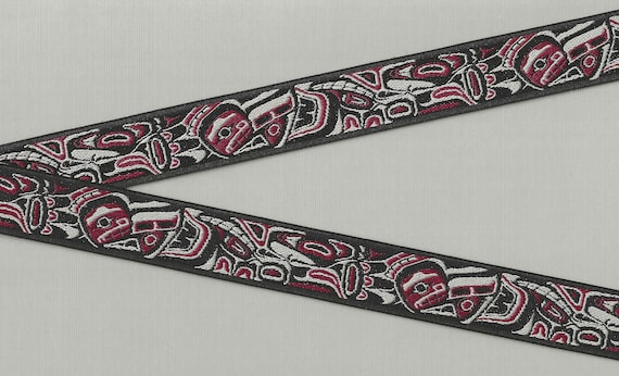 NATIVE AMERICAN E-10-B Jacquard Ribbon Poly Trim 7/8" Wide (22mm) Black Background Tlingit Design in Burgundy/Gray Tones, Priced Per Yard