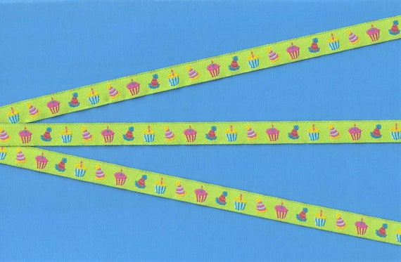 NOVELTY/Food B-02-A Jacquard Ribbon Polyester Trim 1/2" Wide (13mm) Birthday Party Theme w/Cupcakes & Party Hats, Per Yard