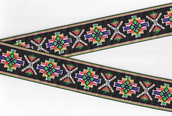 NATIVE AMERICAN K-16-A Jacquard Ribbon Poly/Cotton Trim, 2" Wide (50mm) Black w/Multi-Colored "Star" Design and White Accents