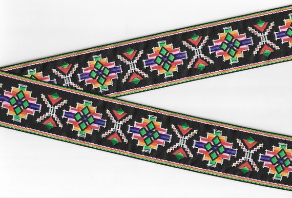 NATIVE AMERICAN K-16-A Jacquard Ribbon Poly/Cotton Trim, 2" Wide (50mm) Black w/Multi-Colored "Star" Design and White Accents, Per Yard