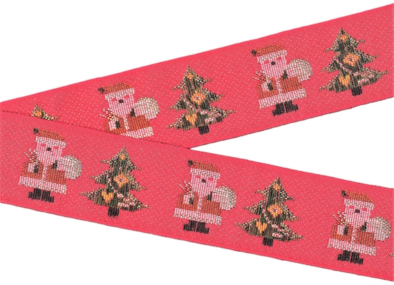 HOLIDAY M-05-B Jacquard Ribbon Cotton Trim 2-3/8" Wide (60mm) Red w/Santa & Green Trees