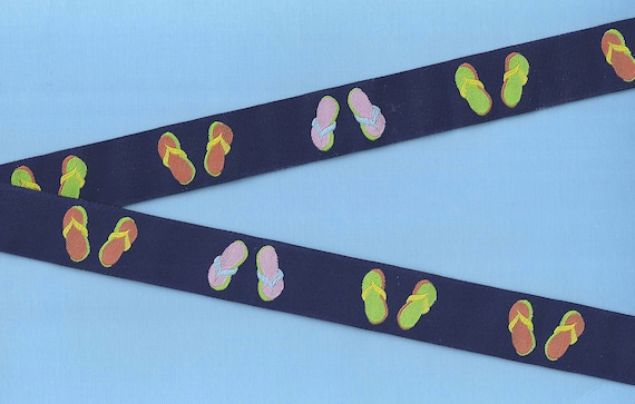 NOVELTY/Beach E-06-B Jacquard Ribbon Poly Trim 7/8" wide (22mm) Navy Blue Background w/Neon, Multi-Color Flip Flops Beach Sandals, Per Yard