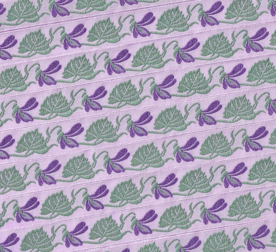 KAFKA C-01/04 Jacquard Ribbon Woven Organic Cotton Trim 5/8" wide (16mm) Lilac Background w/Purple "Violets" & Green Leaves, Per Yard