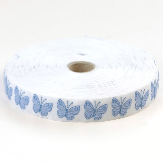 KAFKA D-10a/05 Jacquard Ribbon Woven Organic Cotton Trim 13/16" wide (21mm) White with 2-Tone Blue Butterflies