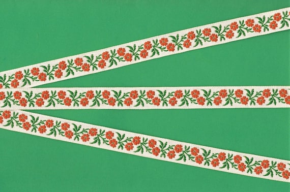 FLORAL C-01-A Jacquard Ribbon Cotton Trim 5/8" wide (16mm) VINTAGE Off-White w/Orange Blossoms