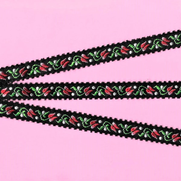 FLORAL B-24-A Jacquard Ribbon Rayon Trim 1/2" Wide (13mm) Black Background w/Picot Edging, Variegated Pink/Red Tulips, White Dots