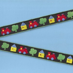 Cinta de jacquard D-02-F para niños, mezcla de poliéster, 3/4" de ancho (20 mm), color negro, con trenes, casas y árboles en colores primarios
