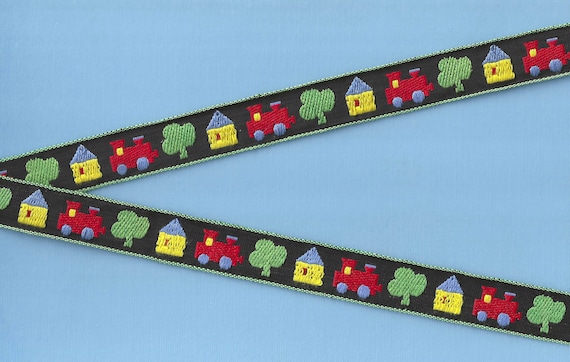 CHILDREN's D-02-F Jacquard Ribbon Poly Blend Trim 3/4" wide (20mm) Black w/Trains, Houses & Trees in Primary Colors