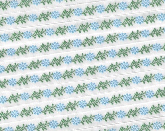 KAFKA A-02/44 Jacquard Ribbon Woven Organic Cotton Trim 7/16" wide (10mm) White w/Blue Flowers, Green Leaves