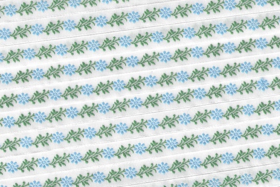 KAFKA A-02/44 Jacquard Ribbon Woven Organic Cotton Trim 7/16" wide (10mm) White w/Blue Flowers, Green Leaves