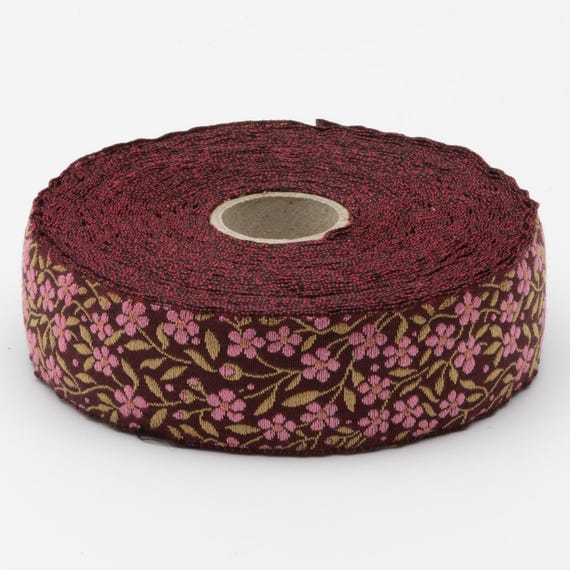 KAFKA F-01/31 Jacquard Ribbon Organic Cotton Trim 1" wide (25mm) Burgundy w/Pink Forget-Me-Not Flowers