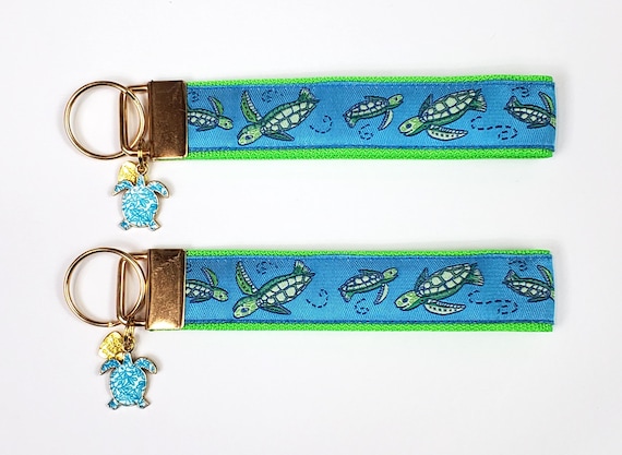 SEA TURTLES Jacquard Ribbon/Nylon Web 1" wide (25mm) 5.5" long Key Fob w/Charms