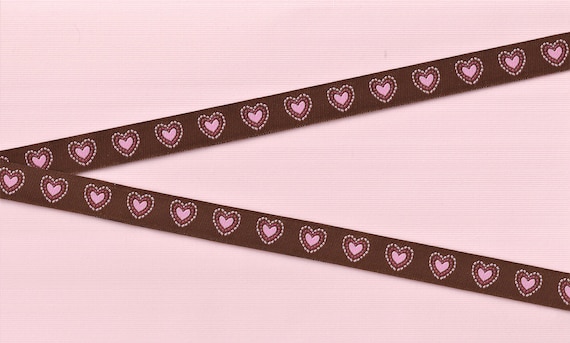HEARTS/FLOWERS B-07-A Jacquard Ribbon Poly Trim 1/2" wide (13mm) Douglas Paquette, Brown Background w/Sweet Pink Hearts & Dots