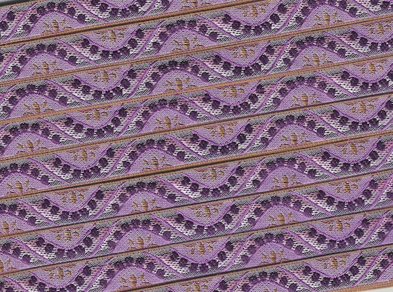 GEOMETRIC B-26-A Jacquard Ribbon Poly Trim 1/2" wide (13mm) VINTAGE From France, Pink, Lilac & Copper Wave
