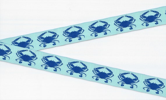 ANIMALS/Water G-20-B Jacquard Ribbon Poly Trim 1-1/8" wide (28mm) REVERSIBLE Aqua w/Blue Crabs, REMNANTS