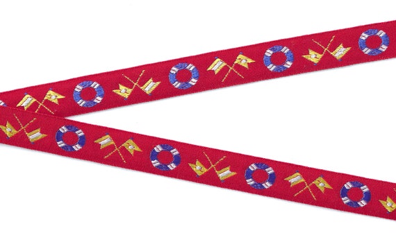 SPORTS/Nautical D-01-B Jacquard Ribbon Cotton/Rayon Trim 3/4" wide (20mm) Red w/Yellow & White Flags, Blue/White Life Preserves