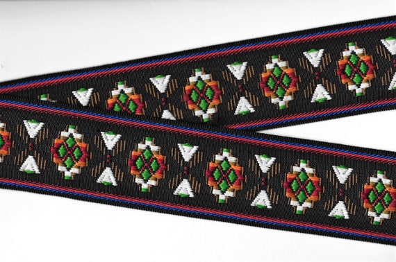 NATIVE AMERICAN K-02-A Jacquard Ribbon Cotton Trim, 2" Wide (50mm) Black w/Medallion Design in Green, Brown, Red, Orange & White, Per Yard