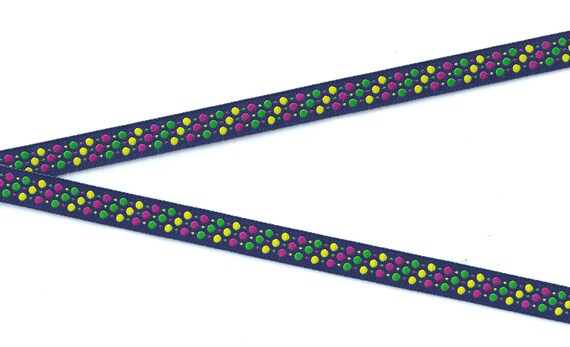 POLKA DOTS B-DP-06jj Jacquard Ribbon Poly Trim, 1/2" Wide (13mm) Navy Blue Background w/Hot Pink, Yellow & Green Dots, Per Yard