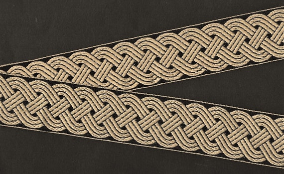GEOMETRIC H-08-A Jacquard Ribbon Woven Polyester Trim 1-1/2" wide (38mm) REVERSIBLE Tan & Black Traditional Celtic Scroll Pattern, Per Yard