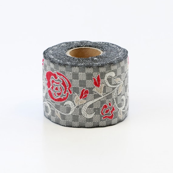 KAFKA H-15/02 Jacquard Ribbon Woven Organic Cotton Trim 1-5/8" wide (40mm) Gray "Checkerboard" Red Roses White Scrolls Beige Leaves