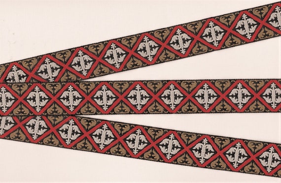 GEOMETRIC F-02-A Jacquard Ribbon Poly Trim, 1" Wide (25mm) Black Background w/Brown, Red & Gray Scroll Diamond Pattern, Per Yard