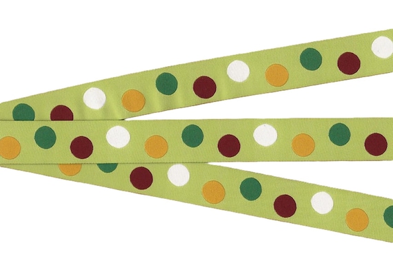 POLKA DOTS E-22-F Jacquard Ribbon Poly Trim 7/8" wide (22mm) Avocado w/White, Burgundy, Green & Gold Dots