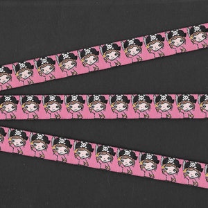 KINDER C-05-C Jacquard Ribbon Polyester Trim, 5/8 "breit (16 mm) Rose Pink Hintergrund, Piraten Mädchen in Hüten mit Cutlasses