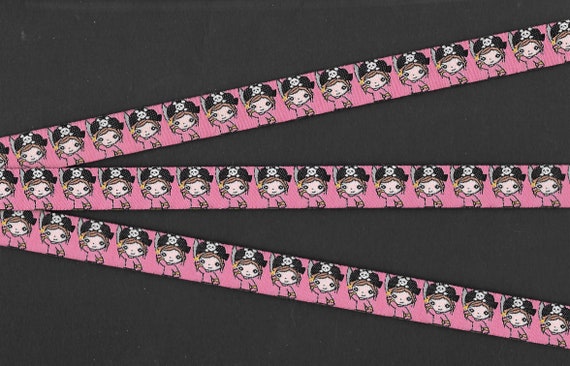 CHILDREN's C-05-C Jacquard Ribbon Polyester Trim, 5/8" Wide (16mm) Rose Pink Background, Pirate Girls in Hats with Cutlasses