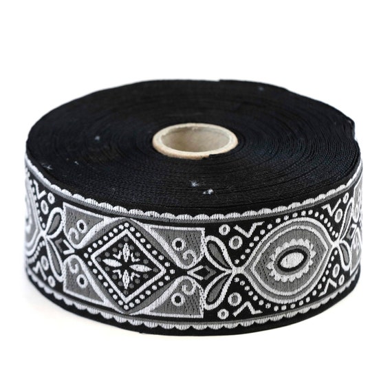 KAFKA H-18/01 Jacquard Ribbon Woven Organic Cotton Trim, 1+9/16" wide (40mm) Beautiful Ornate Block Design in Black, Gray & White