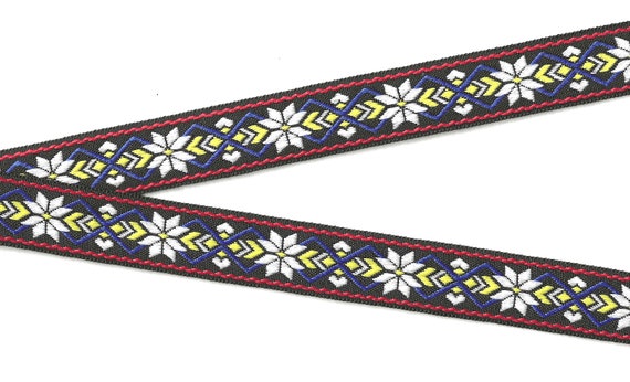 SNOWFLAKES F-01-C Jacquard Ribbon Polyester Trim 1" Wide (25mm) Black w/Nordic Style White Snowflakes, Royal Blue & Yellow Accents