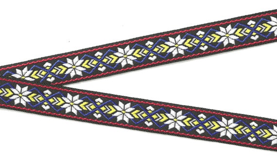 SNOWFLAKES F-01-C Jacquard Ribbon Polyester Trim 1" Wide (25mm) Black w/Nordic Style White Snowflakes, Royal Blue & Yellow Accents, Per Yard