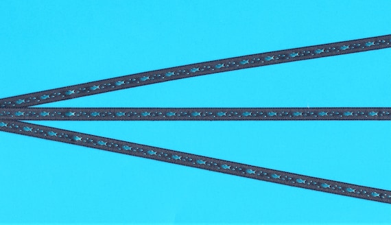 ANIMALS/Water A-01-C Jacquard Ribbon Poly Trim 1/4" wide (6mm) VINTAGE & RARE, Navy Background w/Petite Turquoise Blue Fish and Dot Accents