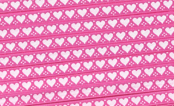 HEARTS A-08-C Jacquard Ribbon Polyester Trim 3/8" wide (9mm) Made in France, Hot Pink w/Petite White Hearts & Mini Polka Dots