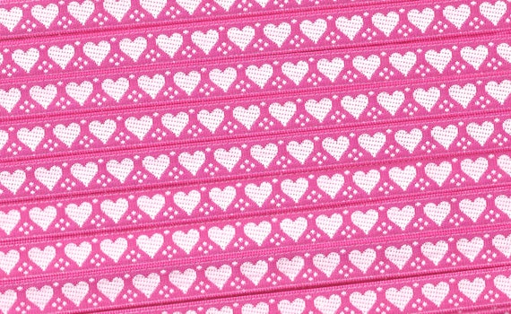 HEARTS/FLOWERS A-08-C Jacquard Ribbon Polyester Trim 3/8" wide (9mm) Hot Pink Background with Petite White Hearts & Mini Polka Dots